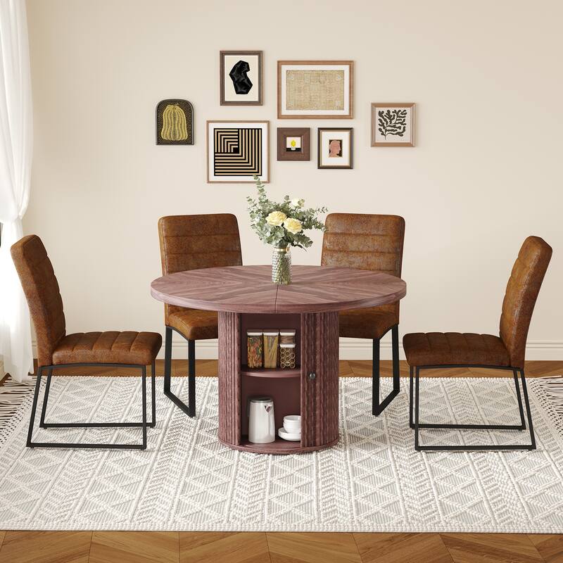 4 Piece PU Padded Dining Chair Set with Round Roman Column Table,Storage Included,Suitable for Restaurants