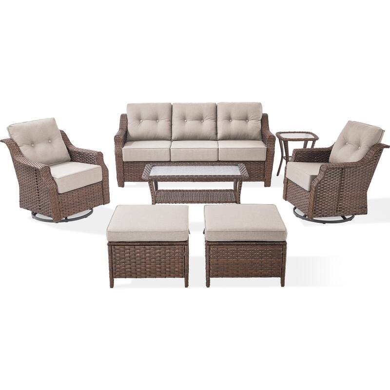 Gymojoy Wicker Patio Furniture Sofa Set, 6-Inch Ultra Thick Cushioned 360°Swivel Glider Chairs & Sofa Set