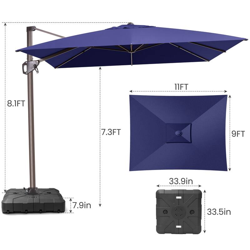 Outdoor 11 x 9 FT Patio 360 Degree Rotation Cantilever Umbrella with Base