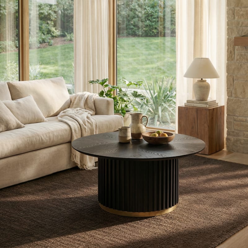 Christopher Knight Home - Marceline Modern 33.46" Round Coffee Table with Fluted Metal Pedestal Base & Subtle Gold Accent - Black+Gold