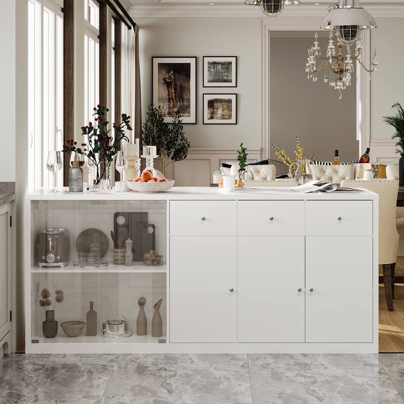 Modern Kitchen Island Buffet Cabinet with Storage Drawers and Tempered Glass Shelves, White Sideboard Cupboard