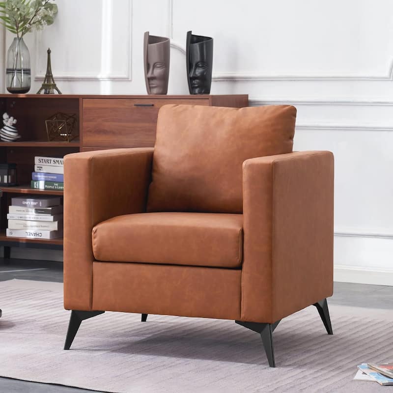 MCombo Modern Accent Chair, Club Armchair with Metal Legs, Faux Leather Single Sofa Chairs - Saddle