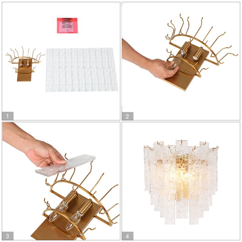 Elver Modern Textured Glass 2-Light Wall Sconce Gold Bathroom Vanity Light - D14" x H15.5" x W6.5"