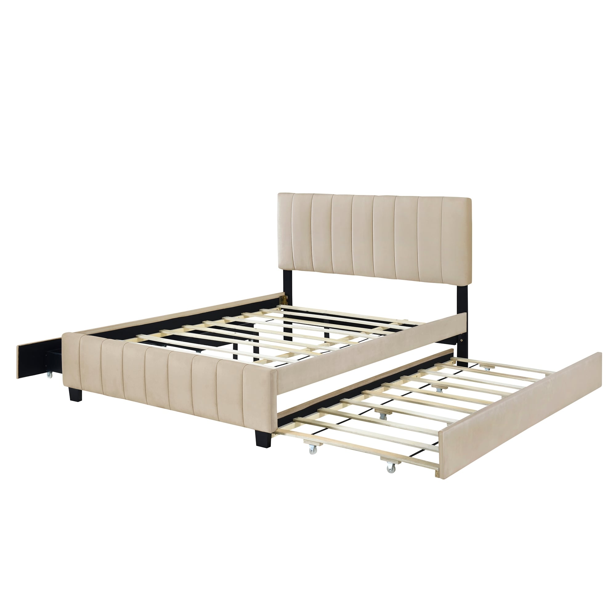 Queen Size Upholstered Platform Bed with 2 Drawers and Twin XL Size Trundle, Solid Wood Bed Frame w/Linen Headboard Design