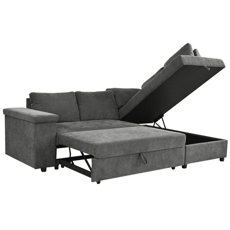 91.5" Polyester L-Shaped Sectional Sofa with Pull-Out Bed, Hidden Storage and Wide Storage Armrests