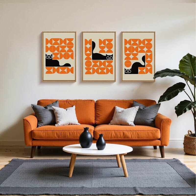 Geometric Black Cat Framed Canvas Wall Art Set