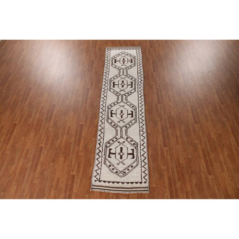Beige Tribal Anatolian Runner Rug Hand-knotted Wool Carpet - 3'1"x 12'7"