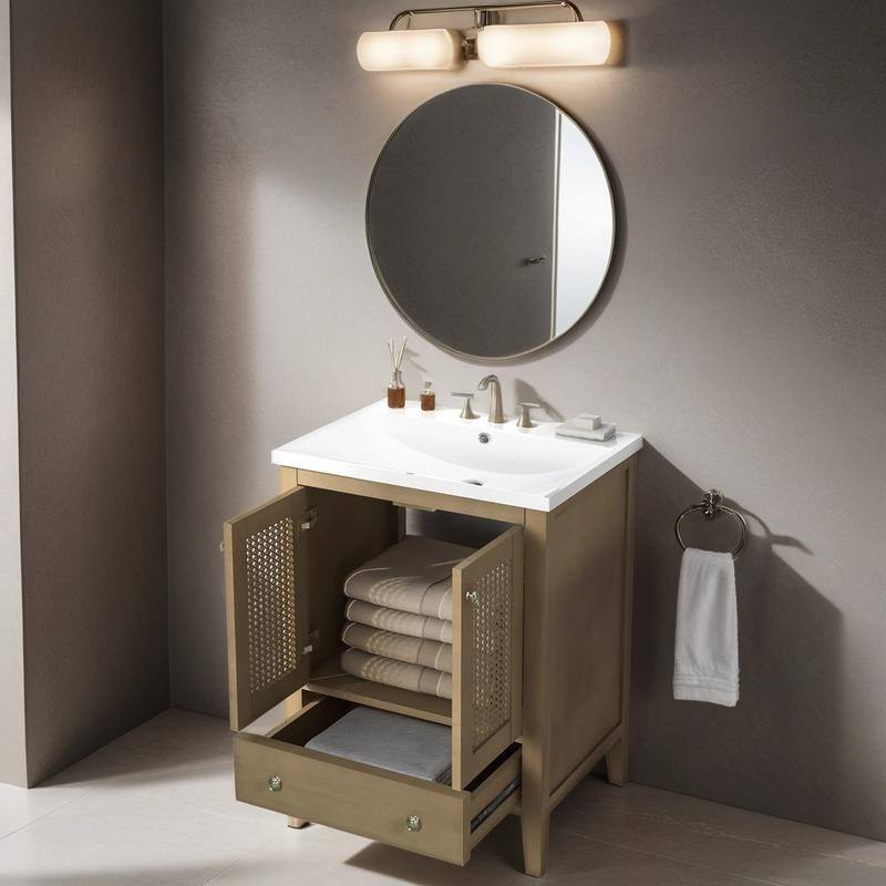 Rattan Storage Bathroom Vanity Cabinet with Ceramic Basin, Two Doors and Drawer