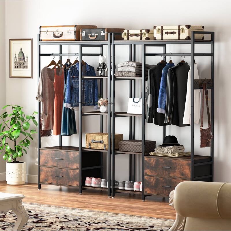 Heavy-Duty Garment Rack with 2 Drawers Shelves, Hanging Rod, Freestanding Closet Organizer, Large Open Wardrobe Closet