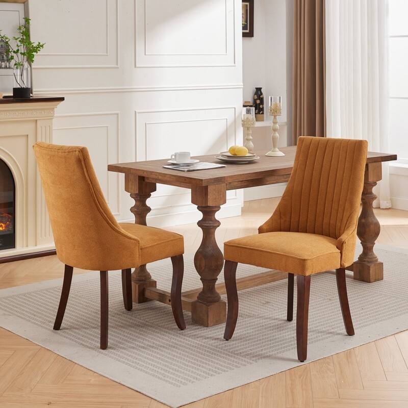 Set of 2 Modern Linen Upholstered Dining Chairs with High Back, Curved Wood Legs & Adjustable Feet - Yellow