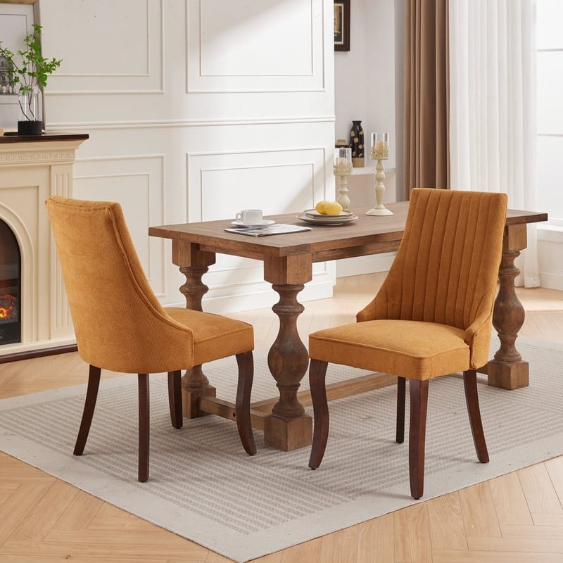 Set of 2 Modern Linen Upholstered Dining Chairs with High Back, Curved Wood Legs & Adjustable Feet