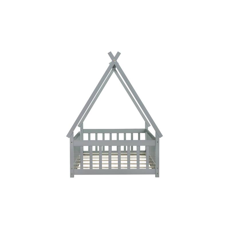 Twin Size Tent Shaped Floor Bed with Guardrails Rubber Wood Low Profile Design