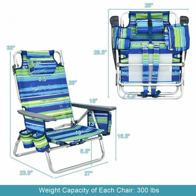 4-Pack 5-Position Outdoor Folding Backpack Beach Reclining Chair with Pillow - 23.5" – 40" x 27" x 33" – 11" (L x W x H)