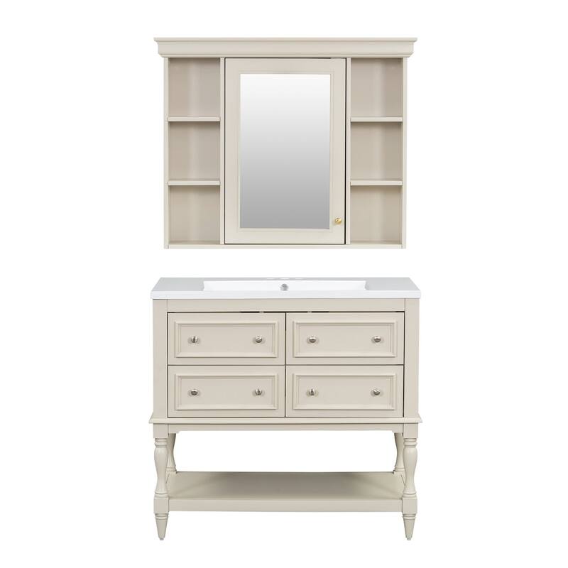 36 inch MDF Freestanding Bathroom Vanity Set with Integrated Resin Sink with Mirror cabinet