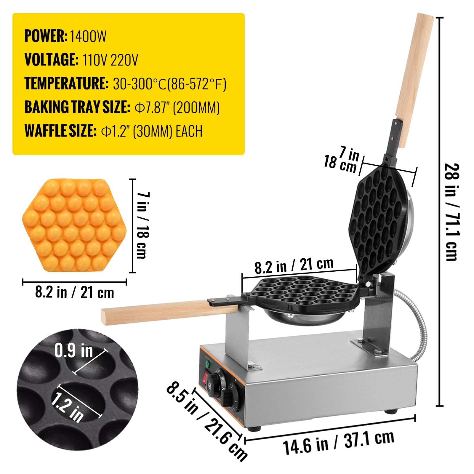 Commercial Bubble Waffle Maker, 1400W Egg Bubble Puff Iron with 180° Rotatable 2 Pans & Wooden Handles, Stainless Steel Baker