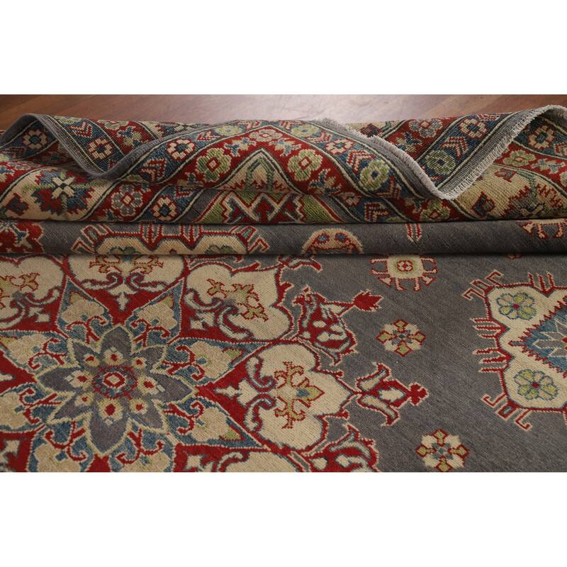 Hand Knotted Oriental 100% Wool Carpet Traditional Geometric Greys & Charcoal Kazak Area Rug - 11' 11'' X 9' 0''