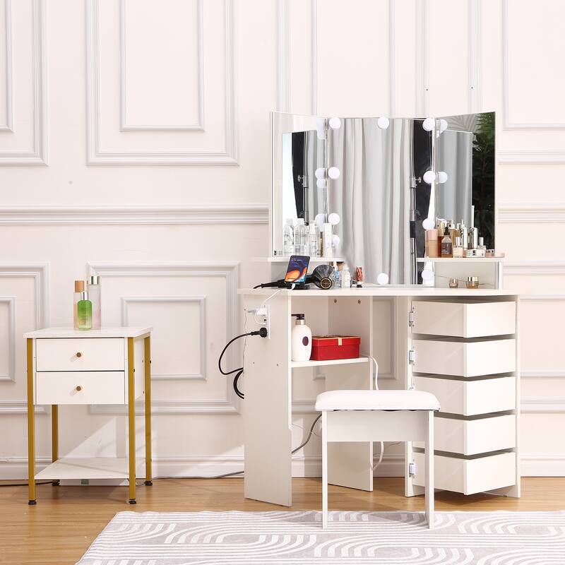 Corner Makeup Vanity Desk with Lights & Power Outlet