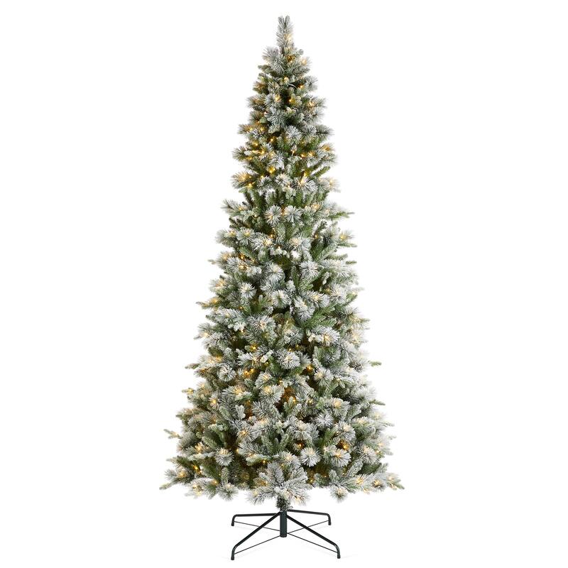 Glitzhome 7.5ft/9ft/11ft Pre-Lit Flocked Slim Pine Artificial Christmas Tree w/ Foot Pedal & Remote Control