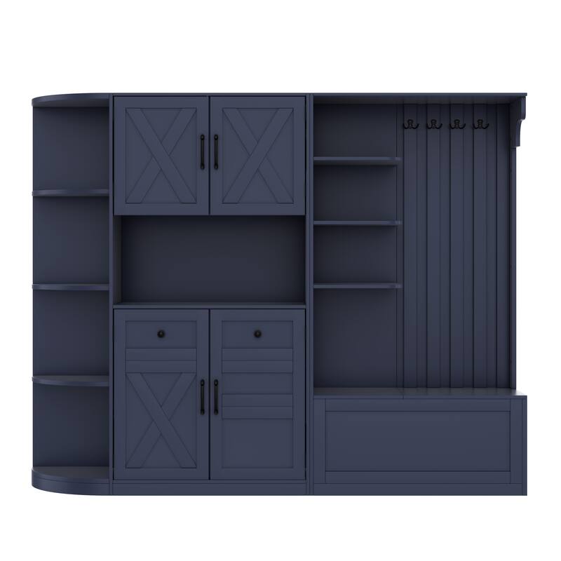Multifunctional Left-Right Combination Hall Cabinet With Storage And 4 Hooks, Storage Cabinet/ Hall Tree 2 In 1