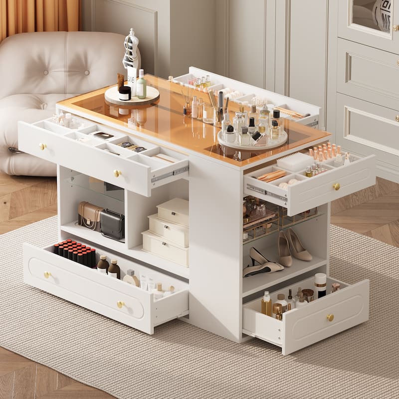 Closet Island with 6 Drawers, Wardrobe Armoire Bedroom Island with Glass Display Top and Open Shelves, Jewelry Storage - White