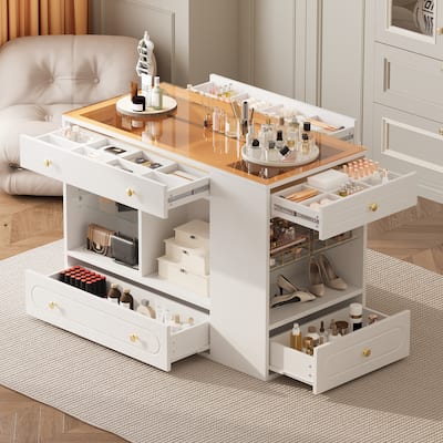 Closet Island with 6 Drawers, Wardrobe Armoire Bedroom Island with Glass Display Top and Open Shelves, Jewelry Storage
