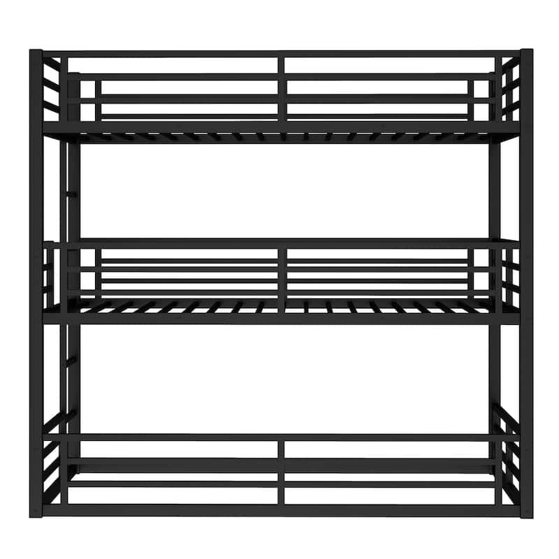 Roomfitters Twin/Full/ Queen Metal Triple Bunk Bed with Safety Guardrails, Heavy-Duty Noise-Reduced Frame, Black