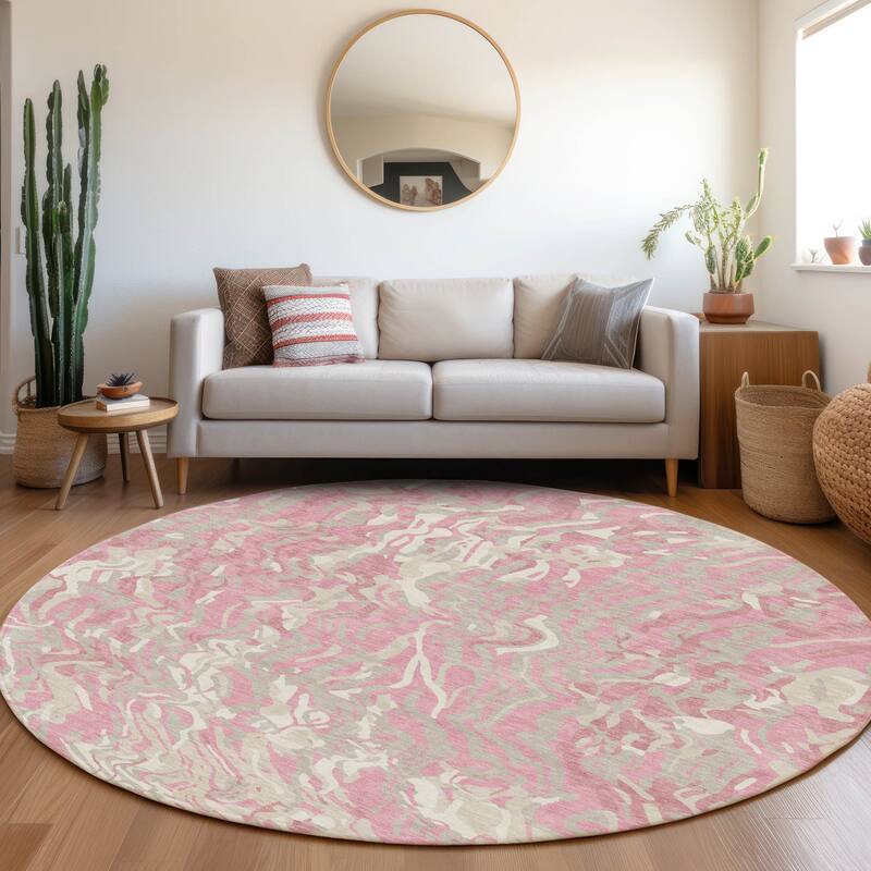 Machine Washable Indoor/ Outdoor Abstract Flow Chantille Rug - Pink - 8' x 8'
