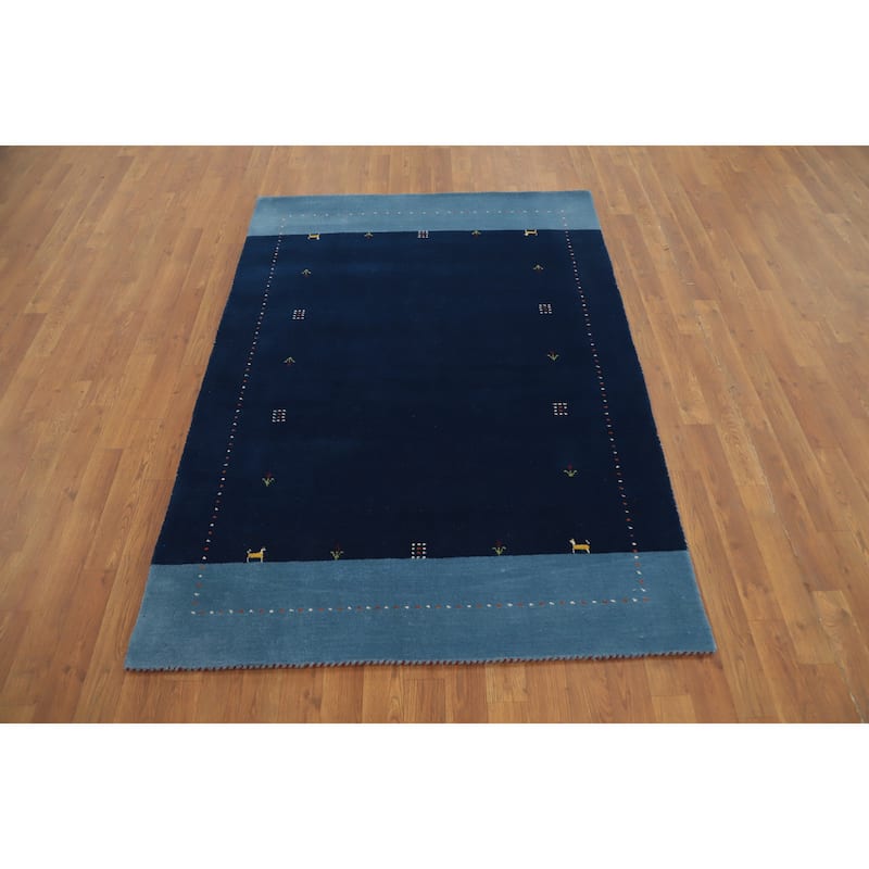 Hand Knotted Oriental 100% Wool Carpet Tribal Animal Pictorial Navy Blue & Blues Gabbeh Area Rug - 5' 9'' X 4' 2''