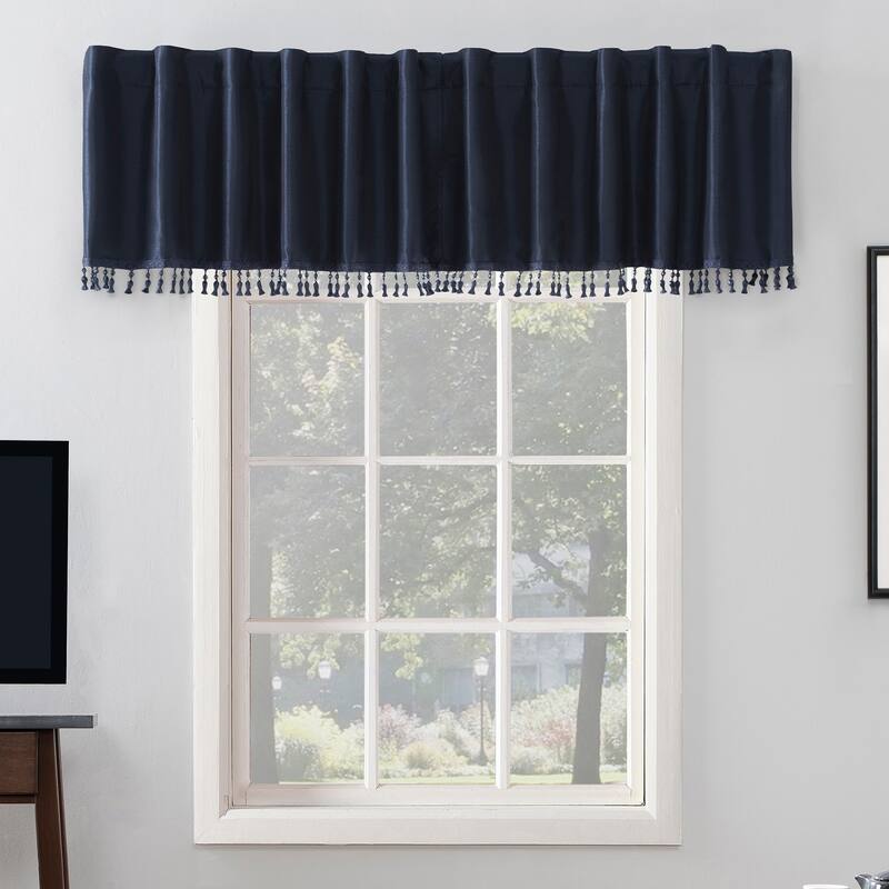 Sun Zero Evelina Faux Dupioni Silk Beaded Tassels Thermal Extreme Total Blackout Back Tab Curtain Valance - 50 x 17 - Navy