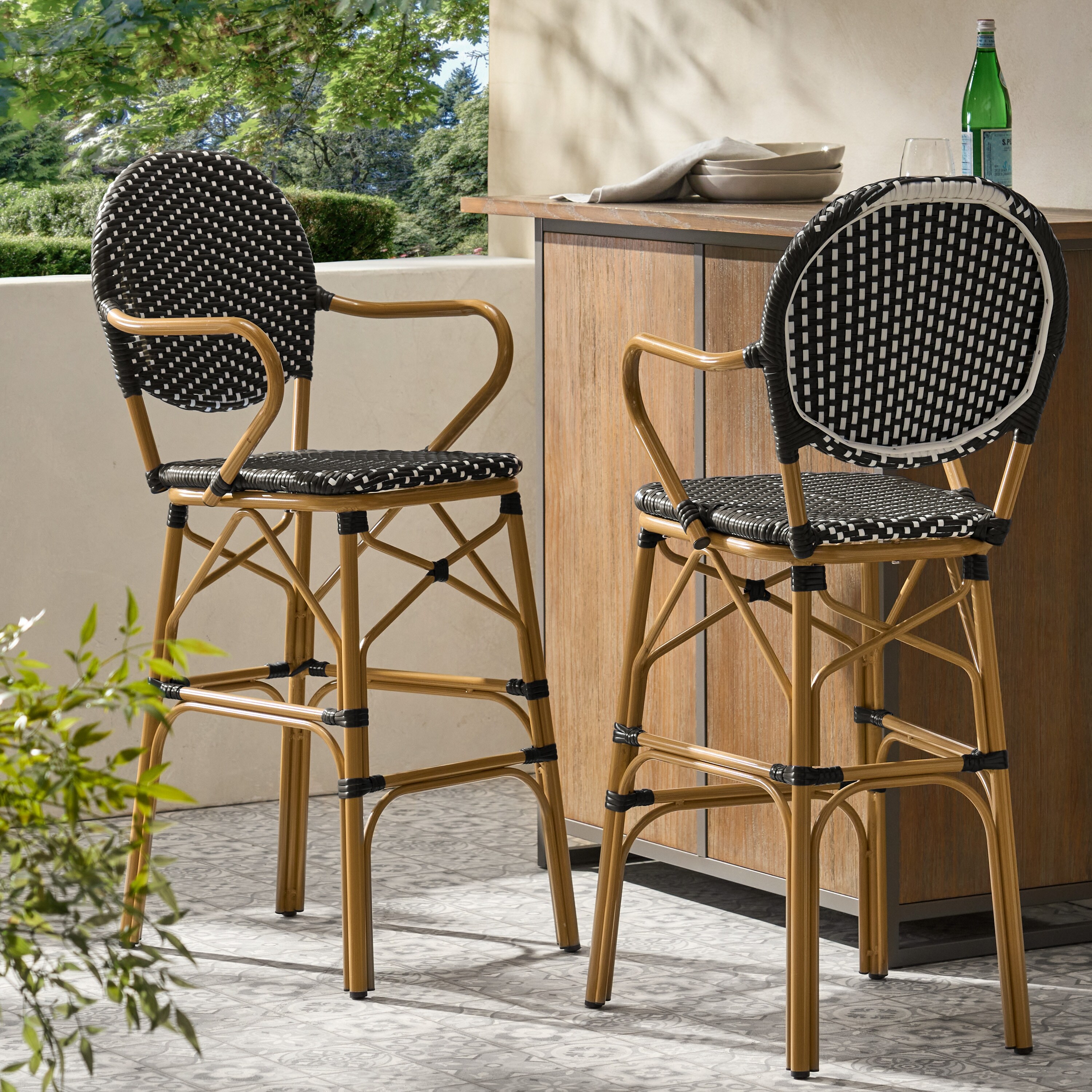 Roomfitters Outdoor Wicker and Aluminum 29.5" French Barstools, Set of 2, Bamboo Print Finish with Navy Blue Woven Design