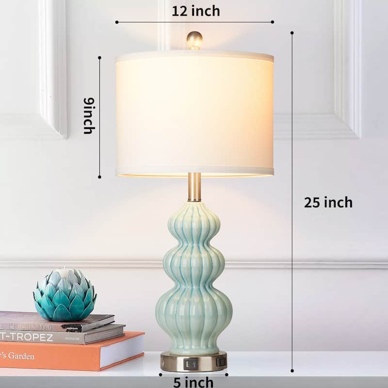Table Lamps Ceramic Cyan Drum Shade USB Charging Port AC Outlet Touch Switch (Set of 2) - 12'' x 12'' x 25'' (L x W x H)