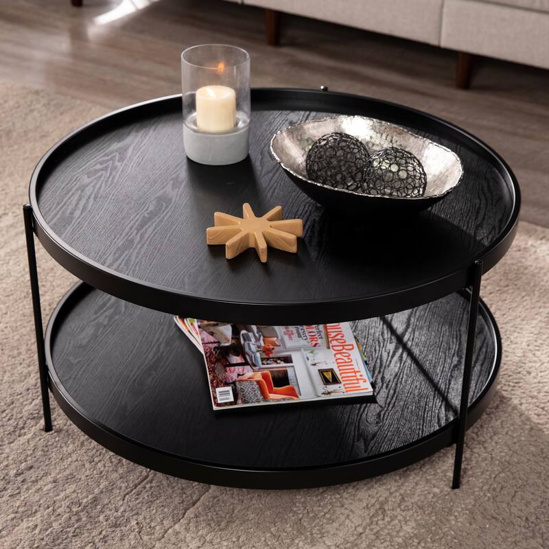 SEI Furniture Vaquero Mid Century Modern Round Wood Grain Two Tier Coffee Table
