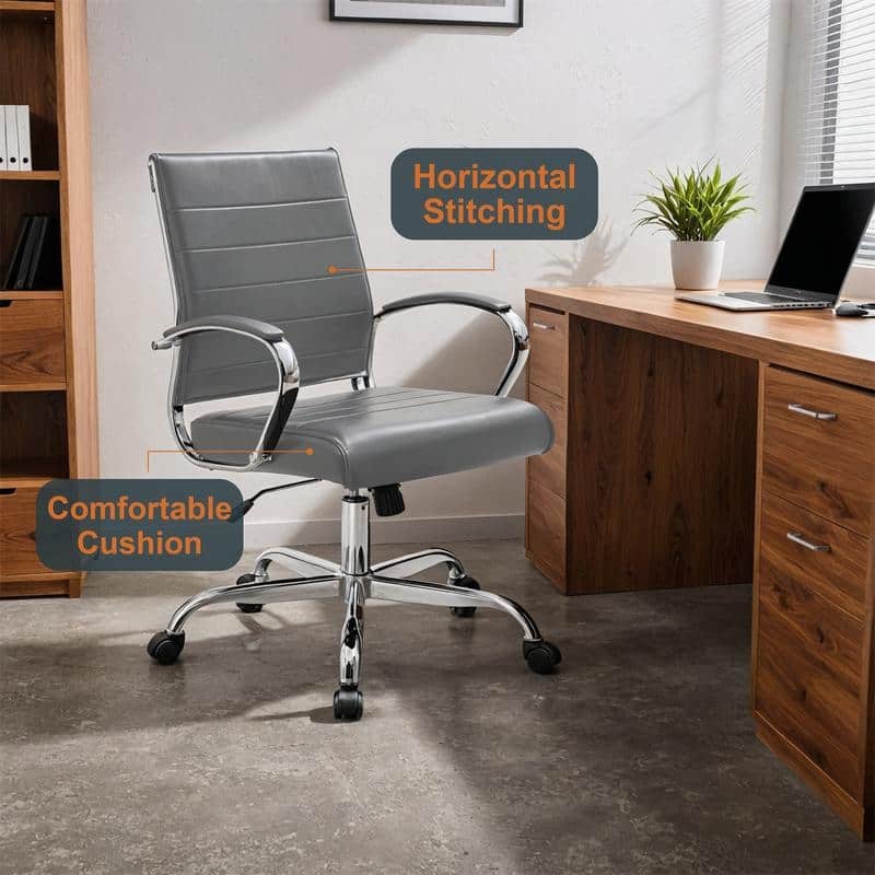 Benmar Modern Leather Ribbed Executive Office Chair with Chrome Frame, Adjustable Height, 360° Swivel, and Rolling Casters