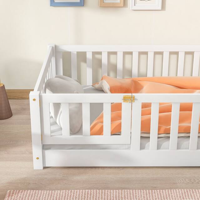 Twin/Full/Queen size Floor Platform Bed with Fence and Door for Kids, Toddlers
