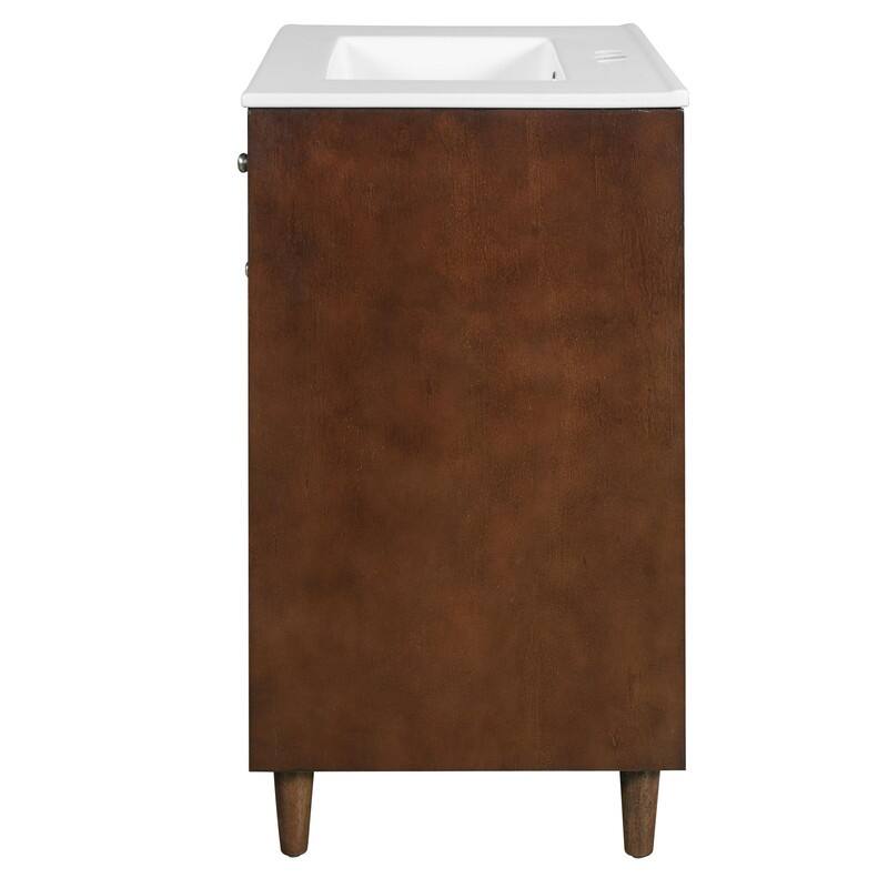 30" Bathroom Vanity with Ceramic Sink, Solid Wood Cabinet, Adjustable Shelf, Tip-Drawer & Rattan Panels