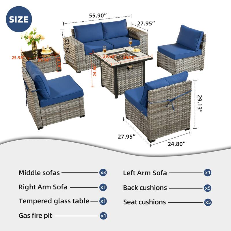 OVIOS Patio Wicker Furniture Wide Arm 7-piece Fire Pit Set with Table
