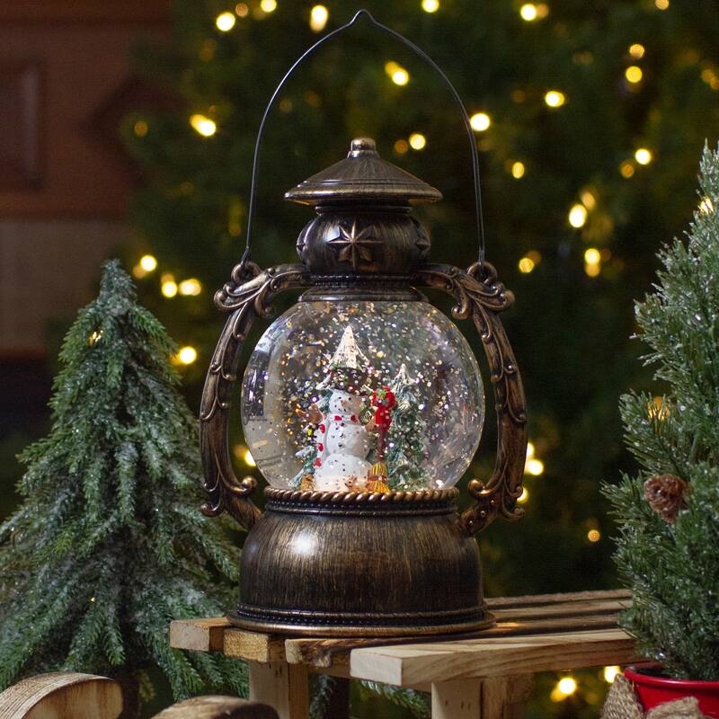 7.75" Black and White Snowman in Front of Christmas Trees Lantern