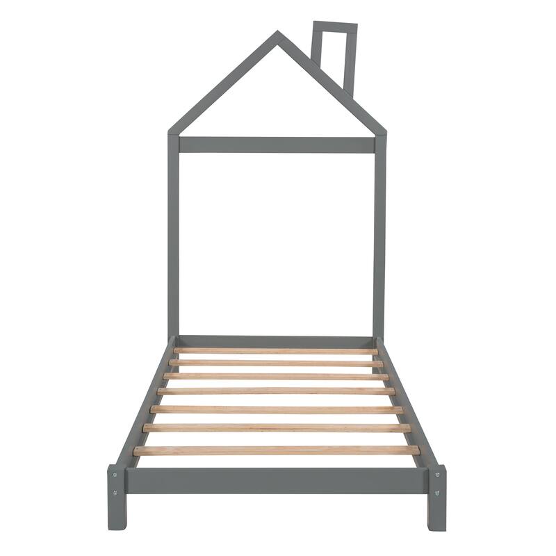 Wood Platform Bed with House-Shaped Headboard