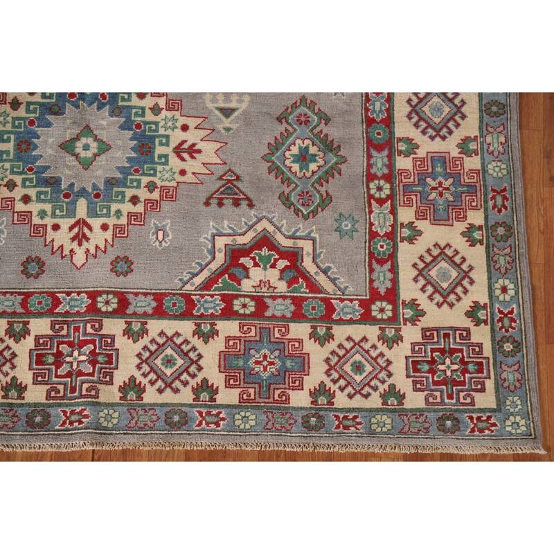 Gray Geometric Kazak Oriental Area Rug Hand-Knotted Wool Carpet - 6'10"x 9'11"