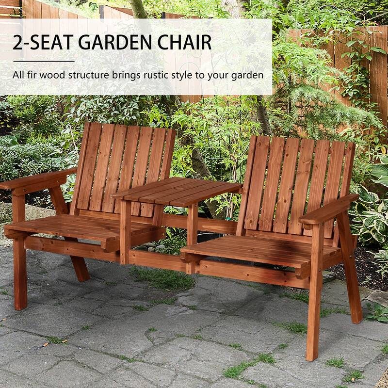 Outsunny Outdoor Patio Wooden Double Chair Garden Bench with Middle Table & Natural Weather-Fighting Materials - 60" x 28" x 31
