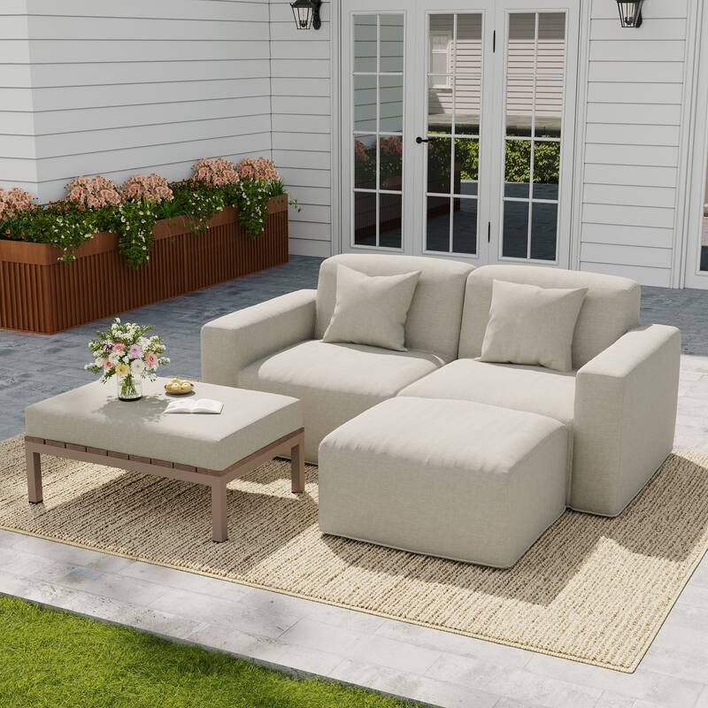 No Assembly Outdoor Patio Modular Sofa with Ottoman, Coffee Table - Light Grey