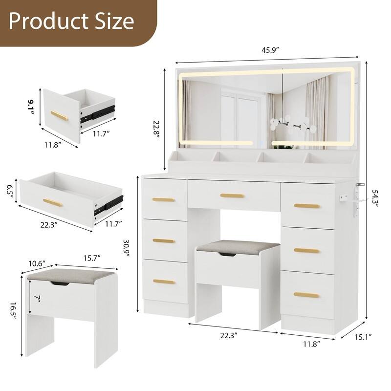45.9" Vanity Desk with LED Mirror, Power Outlet, 7 Drawers