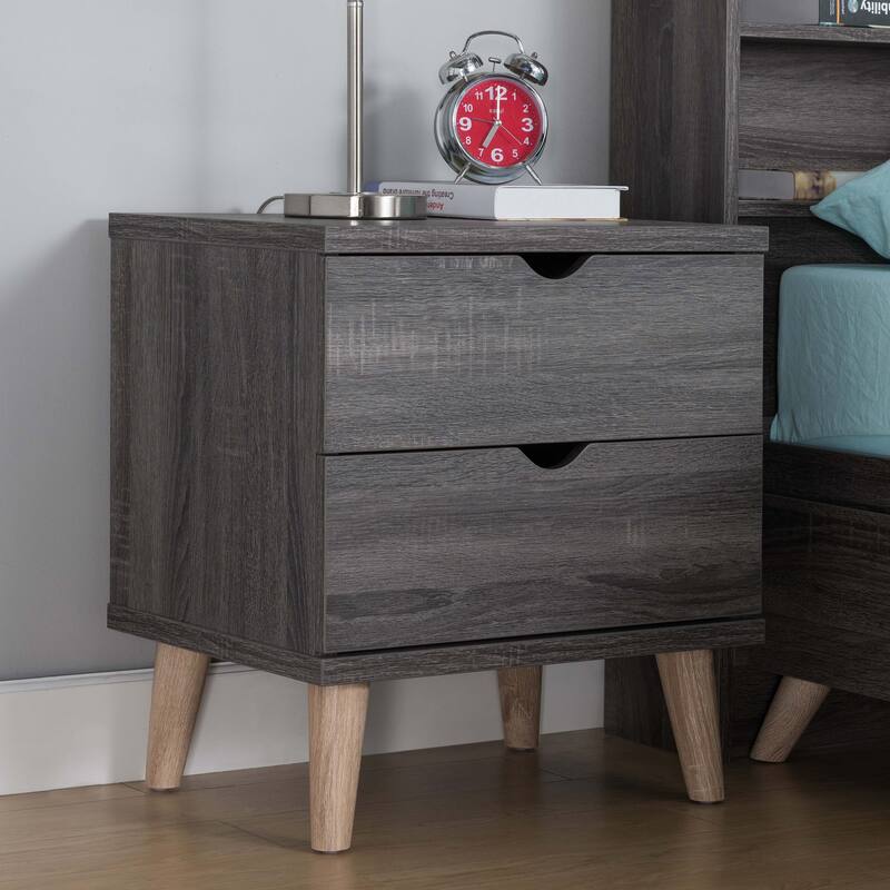 DH BASIC Mid-Century Modern Distressed Grey 2-Drawer Nightstand by Denhour