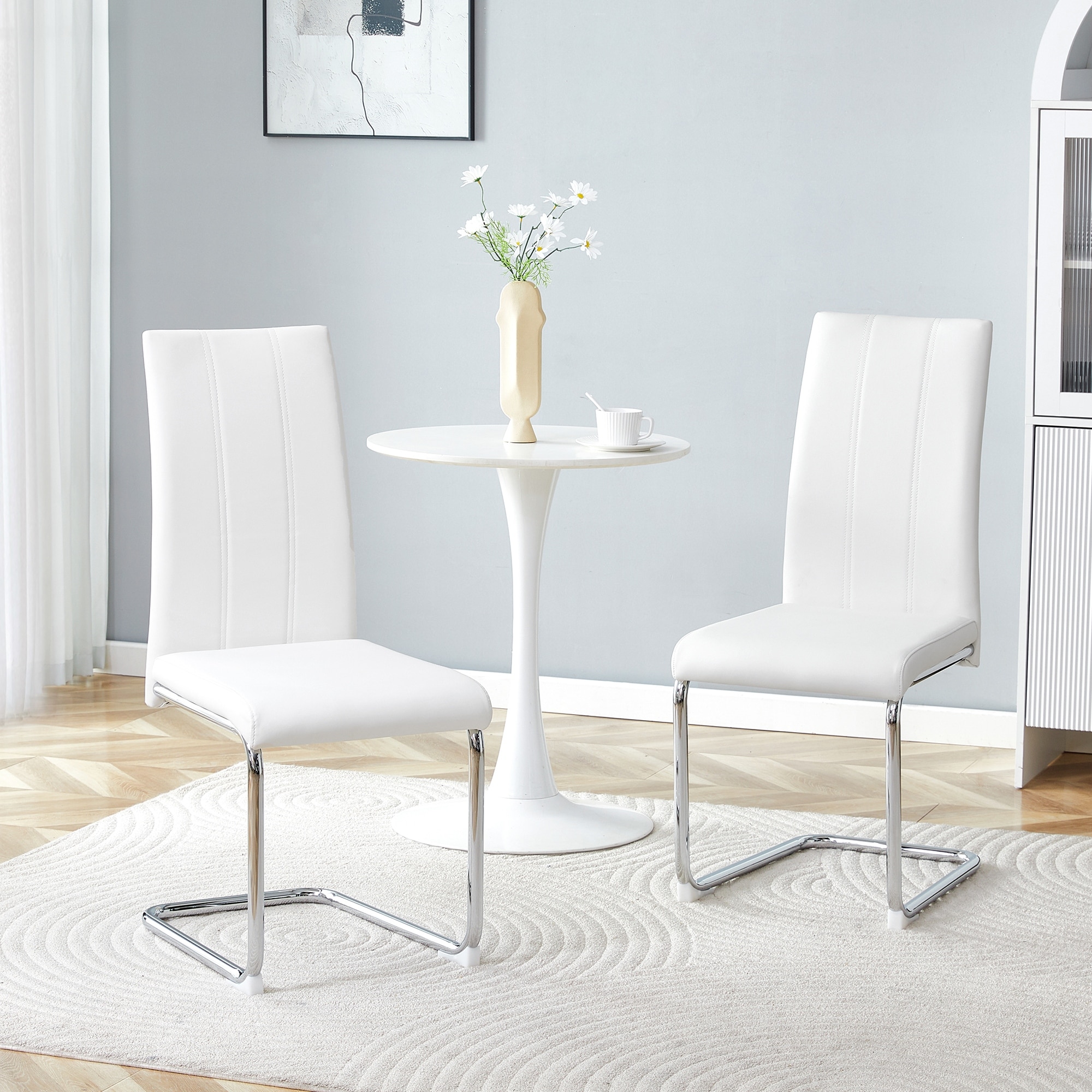Modern High Back Dining Chair Set Of Two With Faux Leather Upholstery And Sturdy Metal Legs