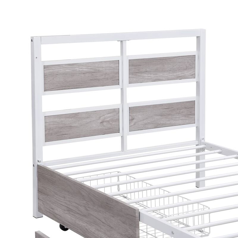 Twin Size Metal Platform Bed with Drawers and Rotatable TV Stand