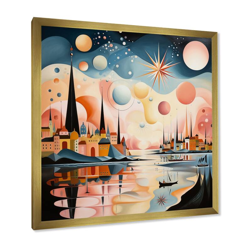 Designart "Vintage City In Retro Pastel Palette I" Abstract Landscape Framed Wall Art Prints