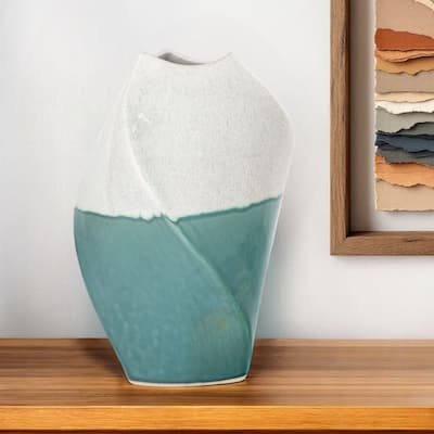 12 Inch Green Ivory Ombre Ceramic Vase for Table or Shelf