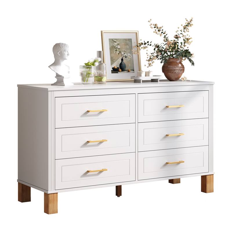 6-Drawer Double Dresser, Modern Storage Cabinet with Metal Handles & Solid Wood Legs