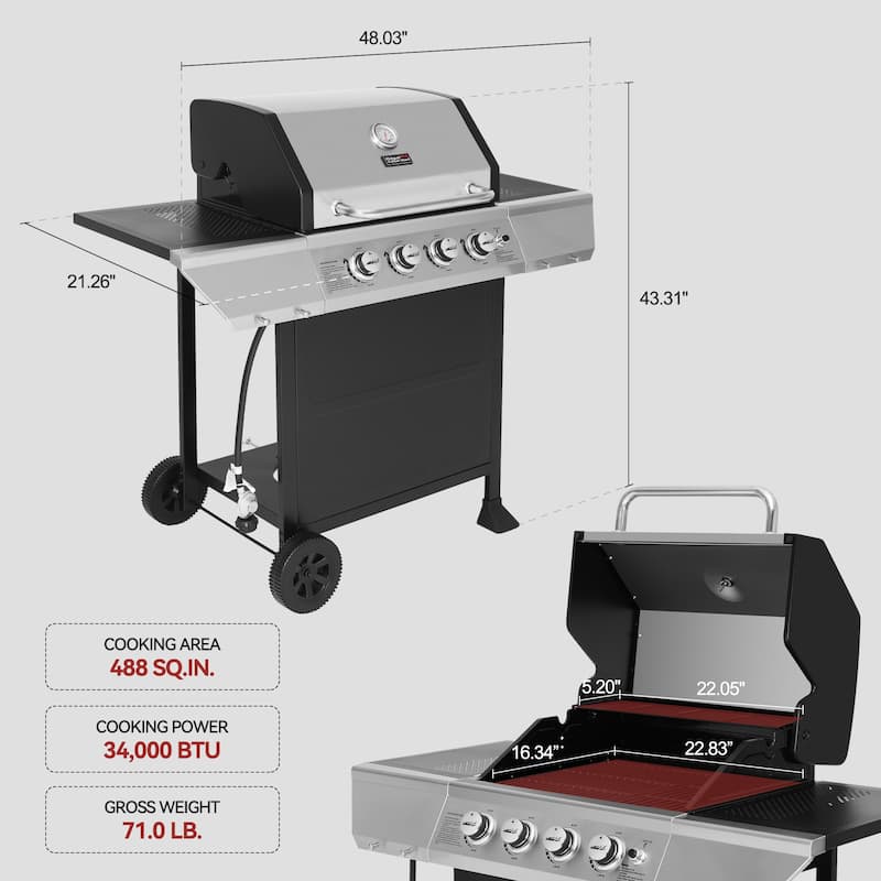 Royal Gourmet SG4003B 4-Burner BBQ Propane Gas Grill with Stainless Steel Upper Lid, Black & Silver