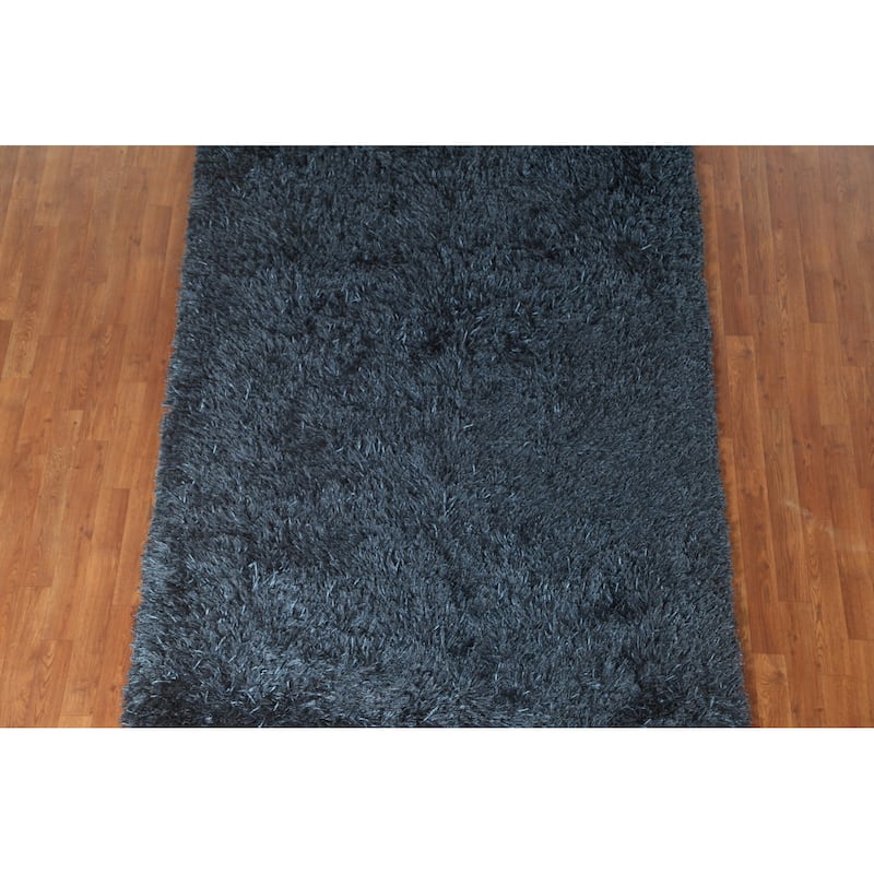 Blue Plush Shaggy Indian Area Rug Hand-Tufted Wool Carpet - 5'0" x 8'0"